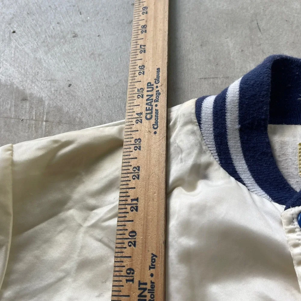 Vintage Hewitt Mfg Palisades Park Track Field Satin Varsity Jacket Cream Blue 86
